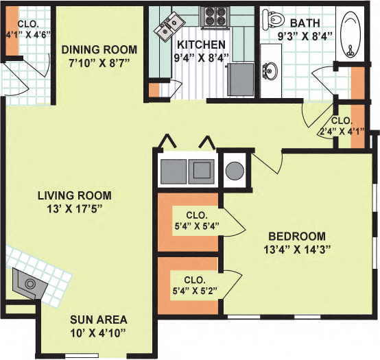 Floor plan for 1 bed, 1 bath, 976 sqft